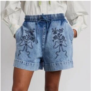 Damson Madder Blue Jean Shorts with Floral Embroidery